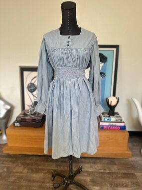 Vintage India Emporium Nitnya Light Blue Gathered Waist Long Sleeve Midi